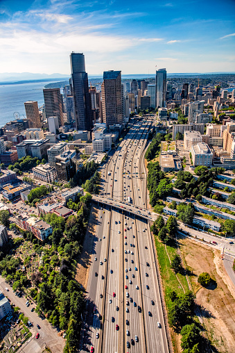 Downtown Seattle, Washington shot during a helicopter photo flight from an altitude of about 1000 feet.