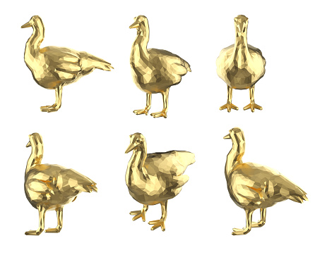 3d rendering set of polygonal ducks isolated on white