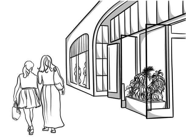 StorefrontElegantFashion Girlfriends shopping for clothes at the mall, wearing short and long skirts. small business saturday stock illustrations