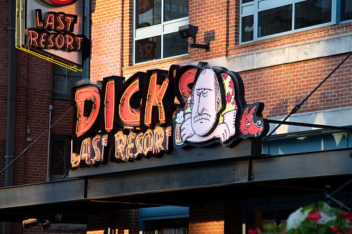 Baltimore, USA - August 31, 2019. Facade of Dick's Last Resort restaurant at Inner Harbor in Baltimore, Maryland, USA