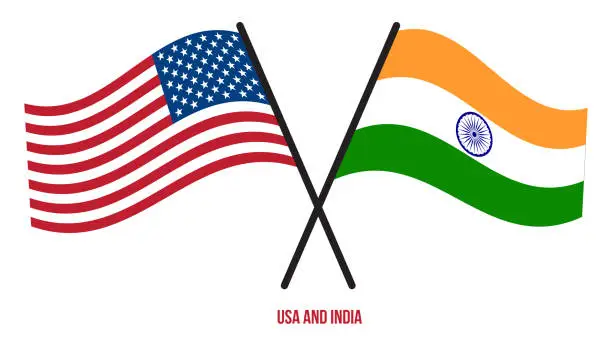 Vector illustration of USA and India Flags Crossed And Waving Flat Style. Official Proportion. Correct Colors