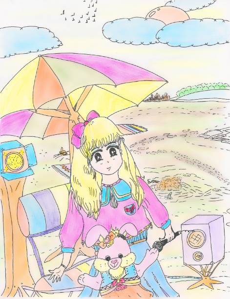 fun-loving dziewczyna anime styl z kreskówki królik królik - canadian beach audio stock illustrations