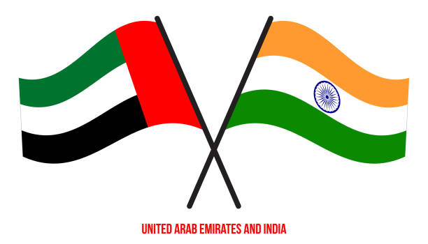 illustrazioni stock, clip art, cartoni animati e icone di tendenza di le bandiere degli emirati arabi uniti e dell'india attraversavano e sventolavano lo stile piatto. proporzione ufficiale - united arab emirates flag united arab emirates flag interface icons