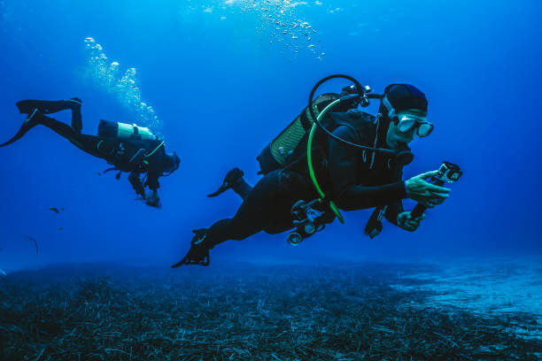 los buceadores exploran los arrecifes submarinos - buceo con equipo fotografías e imágenes de stock