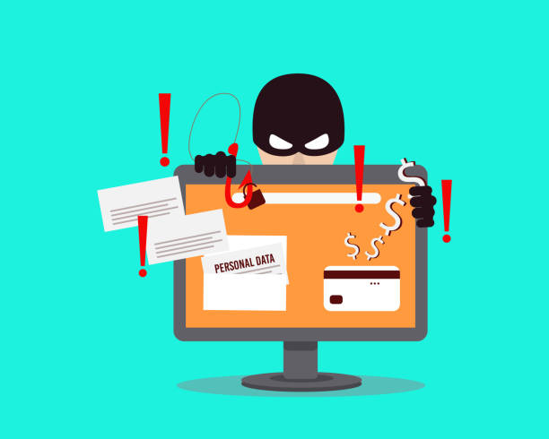 A computer hacker who steals money and personal data on the Internet. Web crime with password hacking. Vector illustration A computer hacker who steals money and personal data on the Internet. Web crime with password hacking. The concept of phishing, hacker attacks, online fraud and web protection. Vector illustration. identity theft stock illustrations