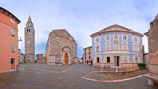 Buje. Town of Buje old cobbled square view, Istria region of Croatia