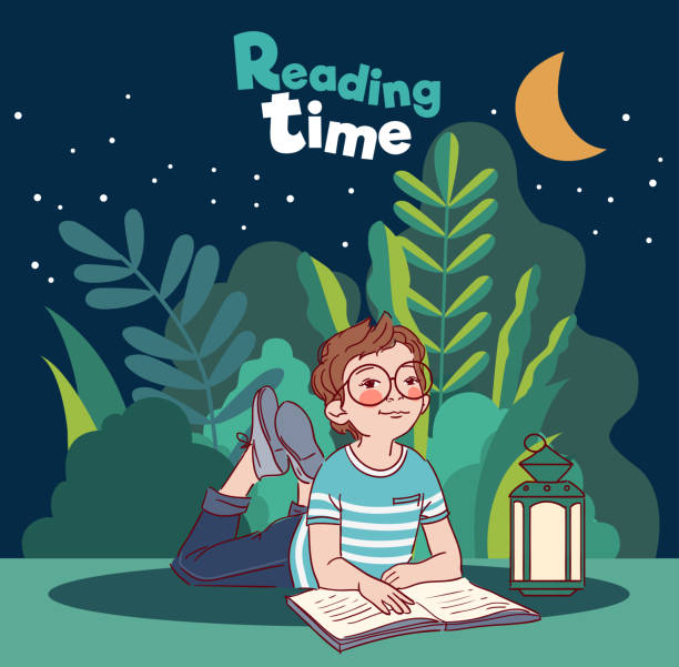 ilustrações de stock, clip art, desenhos animados e ícones de little, cute boy reading a book in the garden. nature landscape background. summer holidays illustration. vacation time - preschooler plant preschool classroom