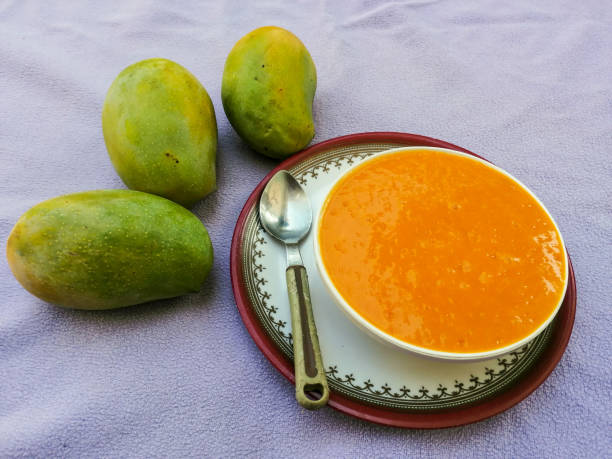 Fresh and juicy mango juice or mango pulp is served in a bowl.