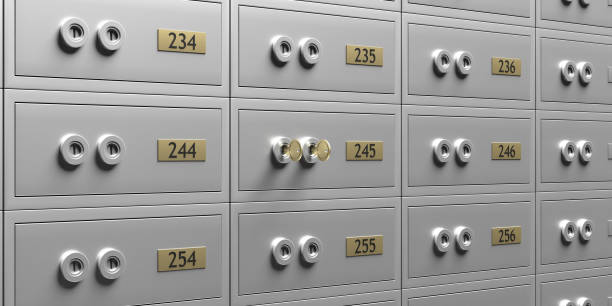 istock Safe deposit boxes background, for storing safely valuables in a bank. 3d illustration 1226694753
