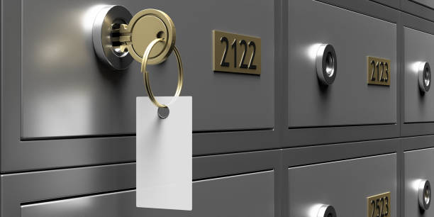 istock Safe bank deposit box with blank key tag, copy space. 3d illustration 1226694755