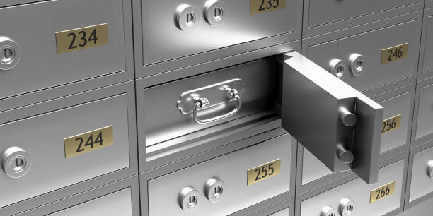 istock Open safe box with drawer, metal bank lockes background. 3d illustration 1226694760