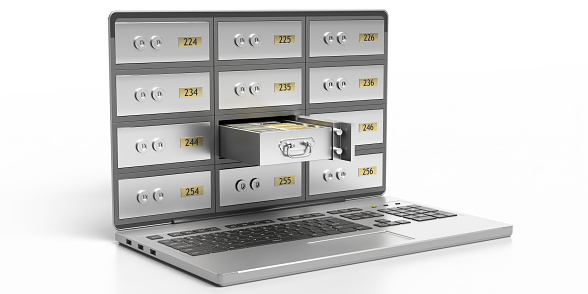Safe deposit boxes and open drawer on computer laptop screen isolated against white background. Online banking, internet security concept. 3d illustration