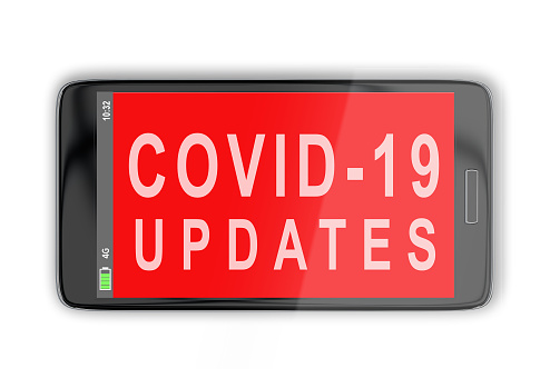 3D illustration of COVID-19 UPDATES title on cellular screen, isolated on white.
