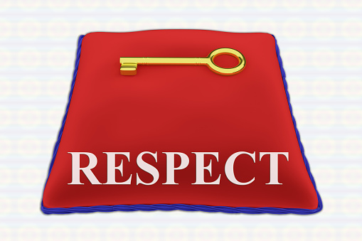 Render illustration of RESPECT title on red velvet pillow with a golden key, isolated on white.