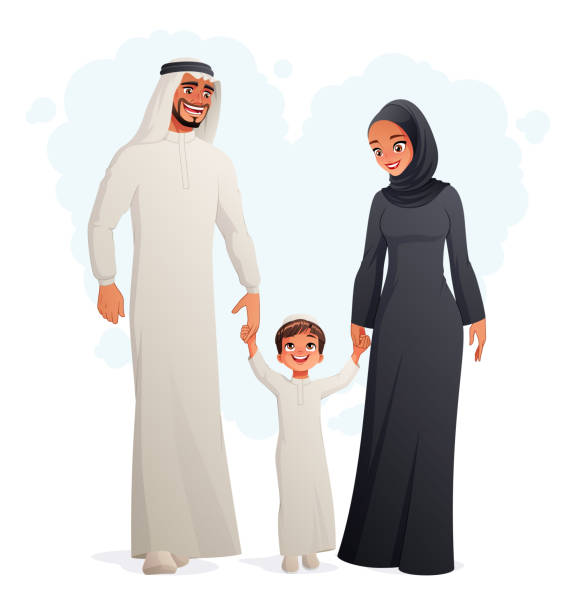 szczęśliwa arabska rodzina trzymająca się za ręce i chodząca. izolowana ilustracja wektorowa. - kaffiyeh stock illustrations