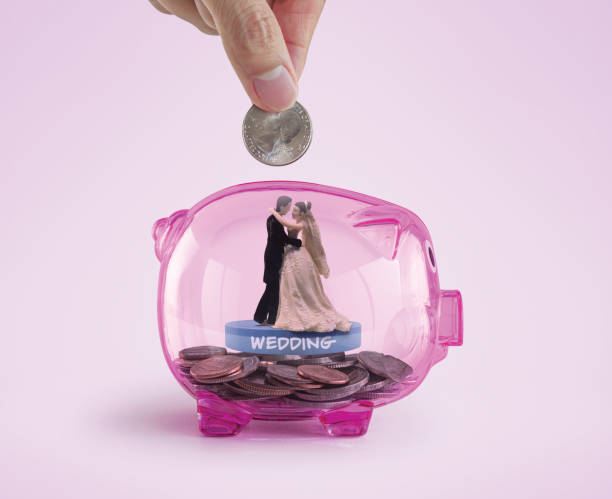 Money savings for wedding or marriage concept. Hand putting a coin into a pink piggy bank with bride and groom toy inside. stock photo