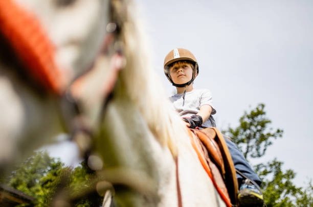 istock Little boy riding a horse 1226703996