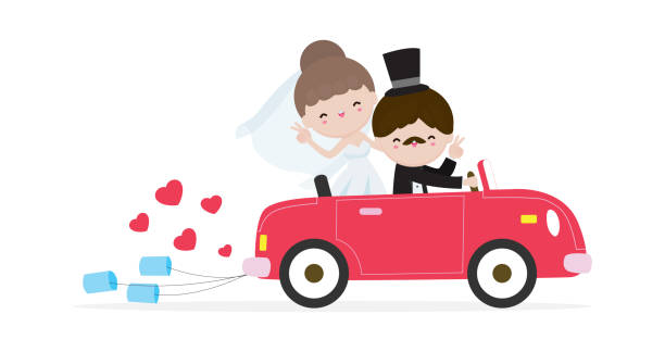 ilustrações de stock, clip art, desenhos animados e ícones de just married couple in wedding car, bride and groom on a roadtrip in car  after wedding ceremony , cartoon married character design isolated on white background vector illustration. - bride backgrounds white bouquet