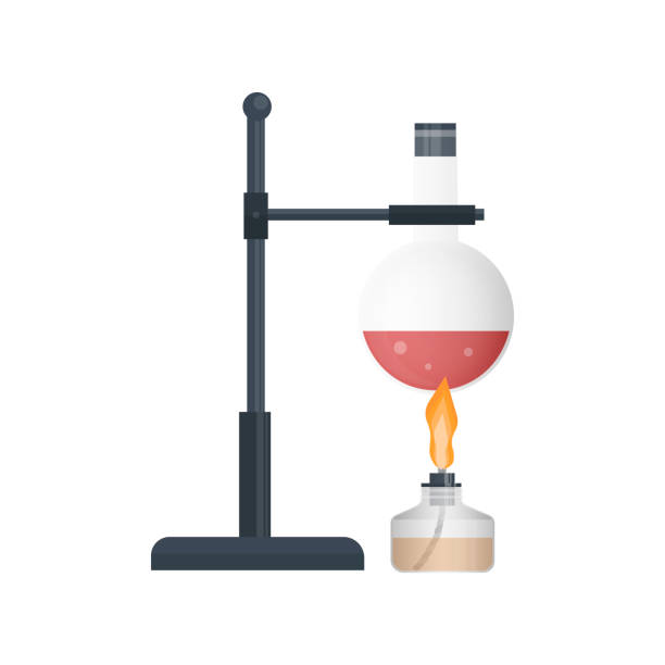 ilustraciones, imágenes clip art, dibujos animados e iconos de stock de prueba química. el quemador calienta los reactivos en el matraz - test tube glass reagent red