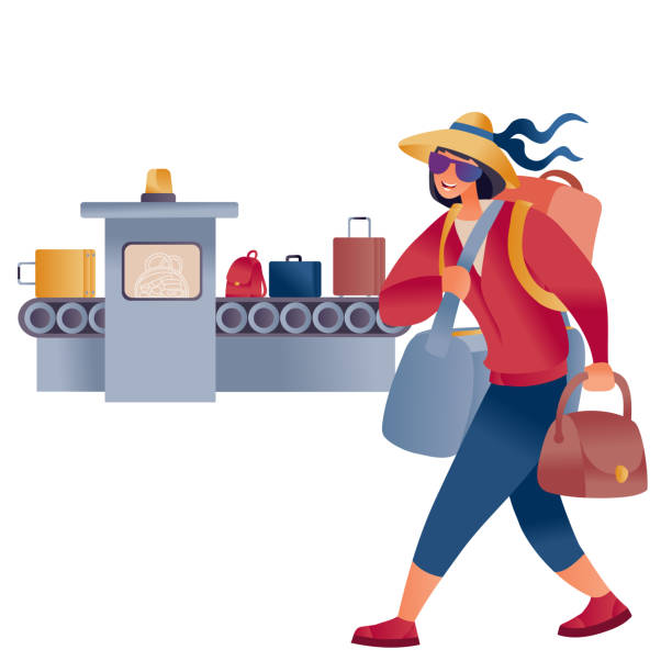 женщина в шляпе и груженый сумками проходит мимо ленты с багажом в аэропорту, - airport isometric airport security x ray stock illustrations