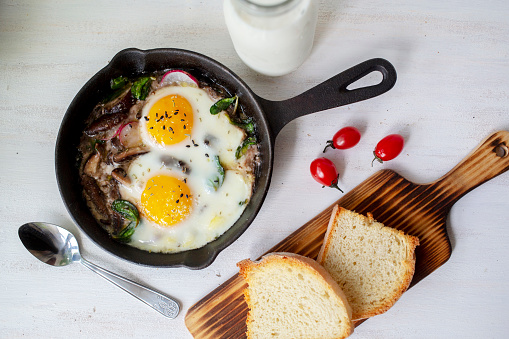 homemade breakfast: toasted bread and skillet roast dishes