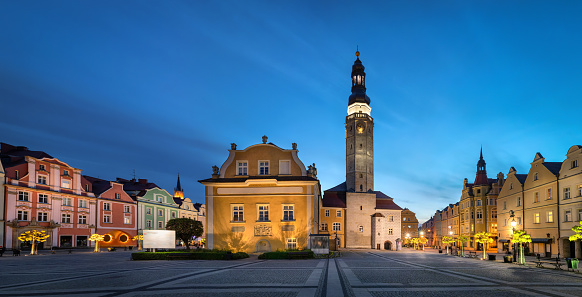 Boleslawiec, Poland. View of Market Square (Rynek) with historic building of Town Hall at dusk