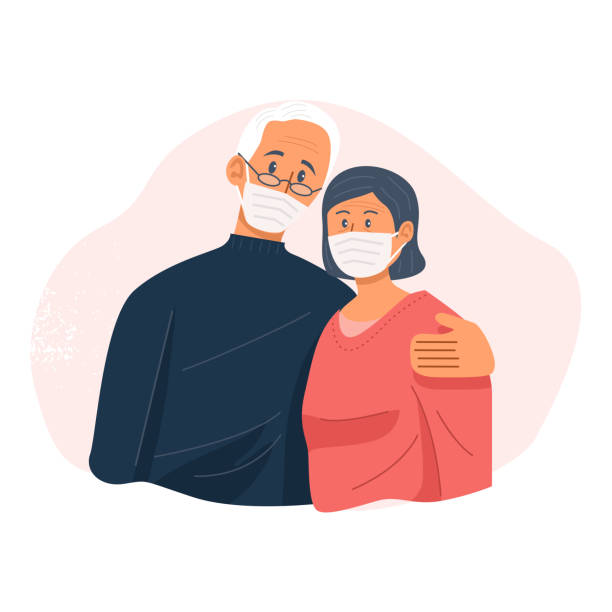Old couple wearing face masks and hugging each other, Retired couple, Vector Illustration eps 10 vector love care old stock illustrations