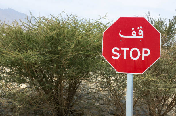 znak stop, w języku arabskim i angielskim skrypt - sign stop sign arabic script oman zdjęcia i obrazy z banku zdjęć