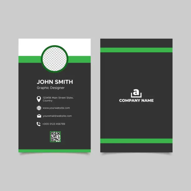 Vector illustration of Vertical black green business card template with photo