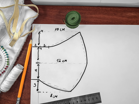 Pattern of a medical face mask drawn on a white paper, close-up. Sewing-medical background with copy space. Fabric, threads, measuring tape, pencil and ruler lie on the brown surface of the table