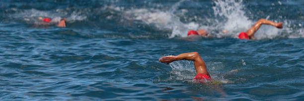grupo de nadadores nada no mar - triathlon ironman triathalon ironman people - fotografias e filmes do acervo