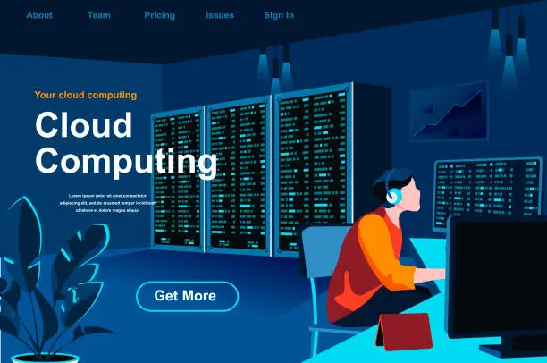 Vector illustration of Cloud computing isometric landing page. IT specialist near server rack at data center situation.