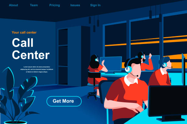Call center isometric landing page. Hotline operators with headsets in office website template. Call center isometric landing page. Hotline operators with headsets in office website template. Online customer support, telemarketing, consultation and assistance perspective flat vector illustration call center stock illustrations