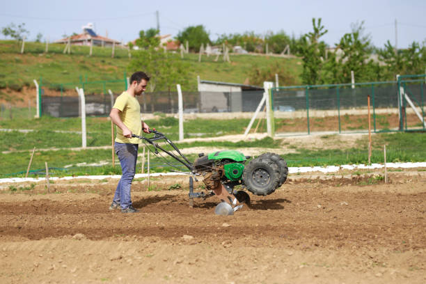 plow process spring season man doing garden work motor cultivator