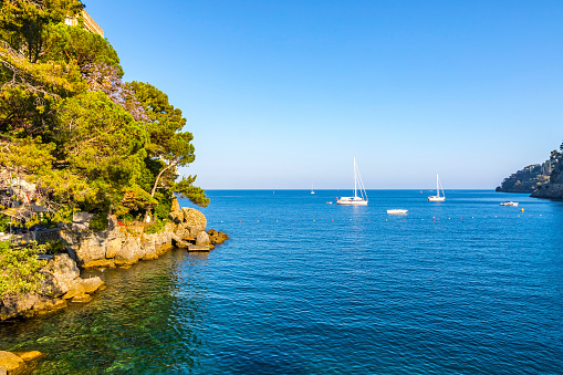 Beautiful natural view of the Bay of Paraggi in Santa Margherita Ligure, Italy. Mediterranean seacoat near luxury sea resort Portofino