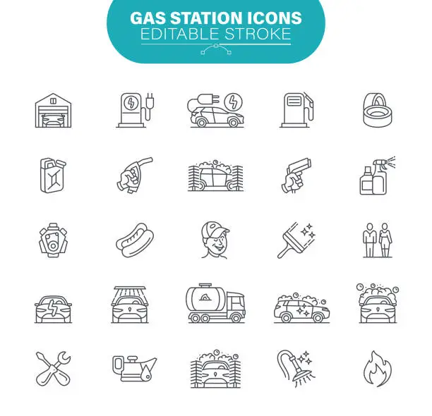 Vector illustration of Gas Station Icons. Set contains symbol as Auto, Cleaning; Auto Repair Shop, Garage, Illustration