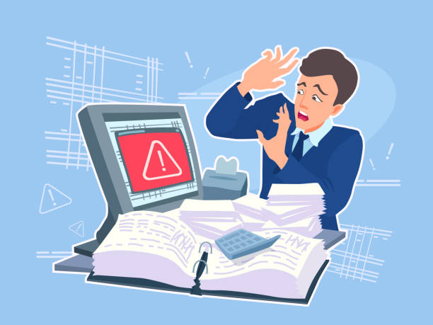 A man scared of a computer virus, error notification. An office clerk in panic. A vector cartoon illustration on a colored background. shocked computer stock illustrations