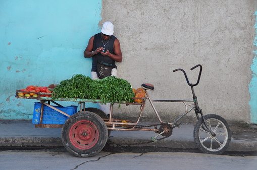 So much of Cuban life takes place on the city streets: negotiating with vendors, gossiping and board games with neighbors, playing music for passersby, etc. Here is a mobile produce vendor standing near his bicycle and produce for sale. Photos taken in Camaguey in January 2017.
