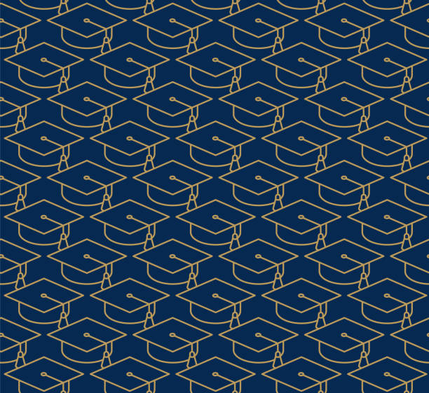 Graduation cap seamless pattern. Golden Graduation cap on blue background. Seamless pattern. Stock illustration graduation designs stock illustrations