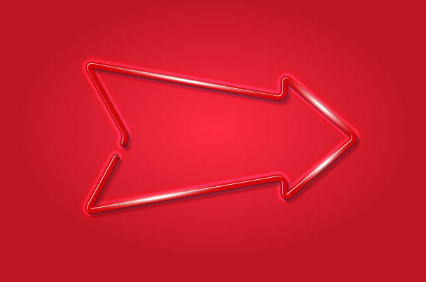 istock Right flag arrow glowing neon sign or LED strip light on red background. Vector art 1226728957
