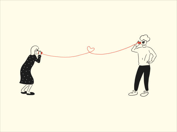 Social Distancing With Love. A man and woman are talking on a string phone. Easily editable vector illustration on layers. toy phone stock illustrations