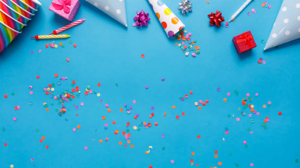 istock flatlay Birthday party card on a blue background with copy space for text 1226736330