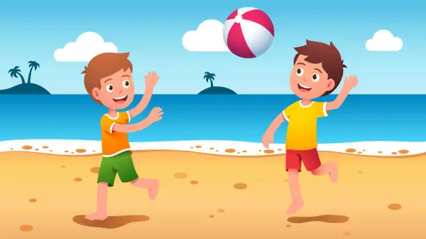 Vector illustration of Boys kids playing beach ball at summer seaside. Happy children playing sport game together having fun at sea shore beach. Players cartoon characters. Holiday outdoor activity. Flat vector illustration
