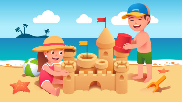 ilustrações de stock, clip art, desenhos animados e ícones de boy & girl kids sitting & standing on sand & building sandcastle on summer sea beach. happy children cartoon characters holding toy bucket & playing together. holiday leisure. flat vector illustration - vector sand summer smiling