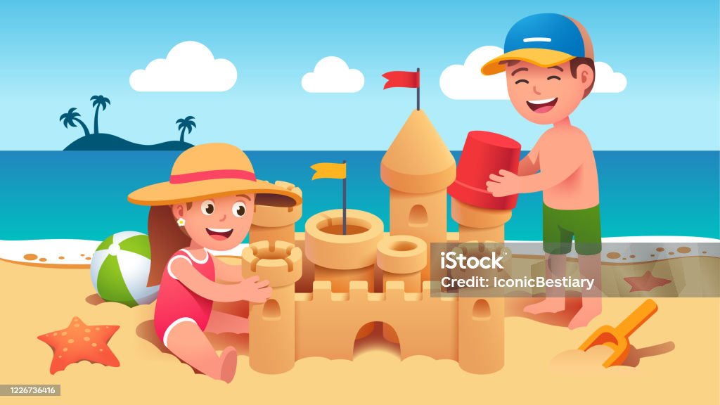 Boy Girl Kids Sitting Standing On Sand Building Sandcastle On Summer Sea  Beach Happy Children Cartoon Characters Holding Toy Bucket Playing Together  Holiday Leisure Flat Vector Illustration Stock Illustration - Download Image