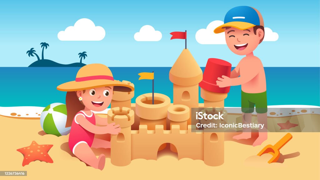 Boy Girl Kids Sitting Standing On Sand Building Sandcastle On Summer Sea Beach Happy Children Cartoon Characters Holding Toy Bucket Playing Together Holiday Leisure Flat Vector Illustration Stock Illustration - Download Image Boy Girl Kids Sitting Standing On Sand Building Sandcastle On Summer Sea Beach Happy Children Cartoon Characters Holding Toy Bucket Playing Together Holiday Leisure Flat Vector Illustration Stock Illustration - Download Image
