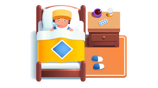 Sick boy kid lying in bed under blanket. Sad ill bedridden child suffering flu fever disease taking temperature with thermometer in mouth. Home bedroom with medicine pills. Flat vector illustration Sick boy kid lying in bed under blanket. Sad ill bedridden child suffering flu fever disease taking temperature with thermometer in mouth. Home bedroom with medicine pills. Flat style vector isolated illustration taking temperature forehead stock illustrations