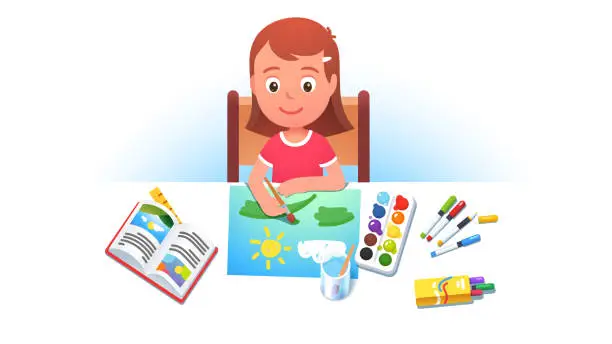 Vector illustration of Girl kid sitting at table & painting summer picture using brush & paints. Painter student cartoon character reading textbook learning & mastering paint. Child art education. Flat vector illustration