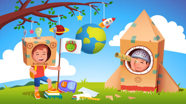 Boys kids playing alien earthling cosmonaut contact. Child astronaut in cardboard rocket discovered extraterrestrial. Creative children cartoon characters in self made costume flat vector illustration Boys kids playing alien earthling cosmonaut contact. Child astronaut in cardboard rocket discovered extraterrestrial. Creative children cartoon characters in self made costume flat style vector isolated illustration people working together clip art stock illustrations