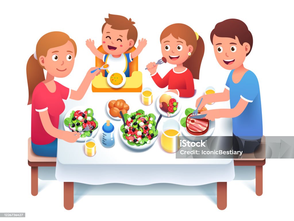 Father Mother Daughter Son Kids Having Home Family Dinner Or Lunch Sit At  Table Mom Feeding Toddler Child In Chair Happy Family Cartoon Characters  Eating Meal Together Flat Vector Illustration Stock Illustration -